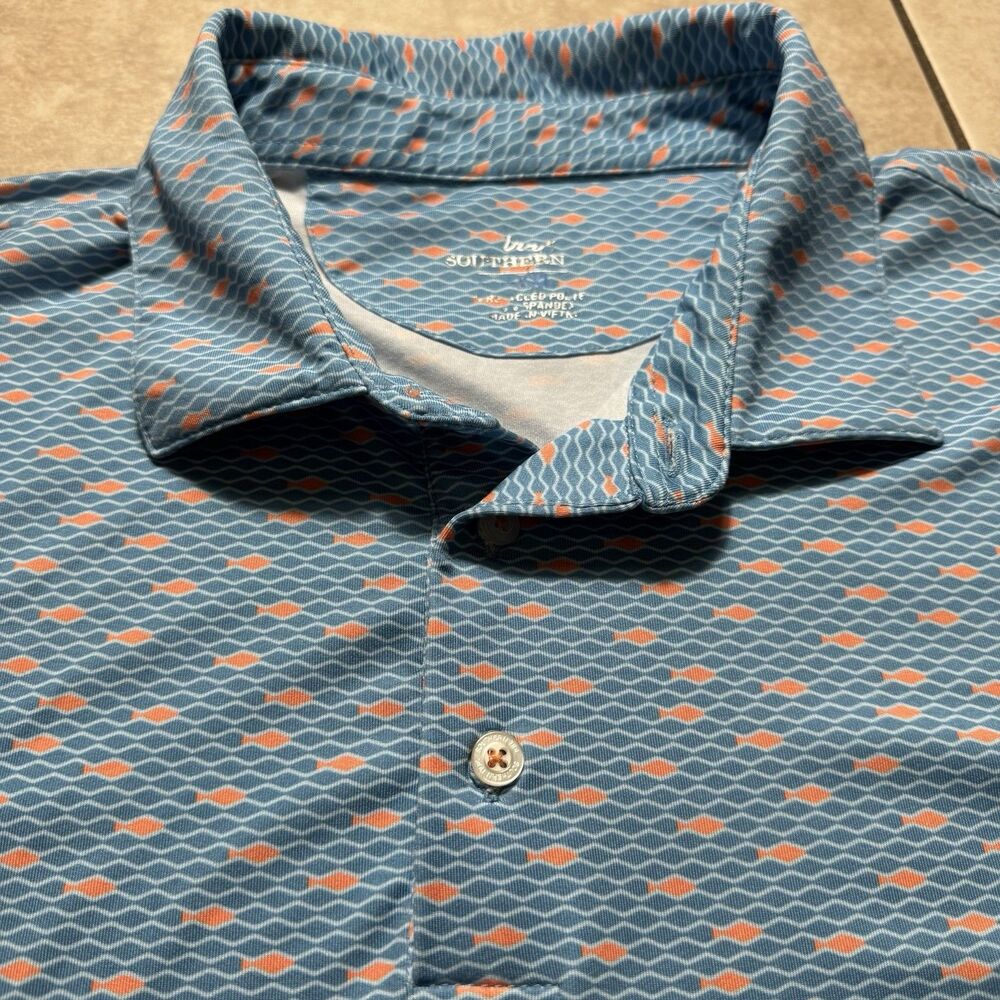 Southern Tide Men’s Sz XXL Blue All Over Fish Print Golf Performance Polo Shirt